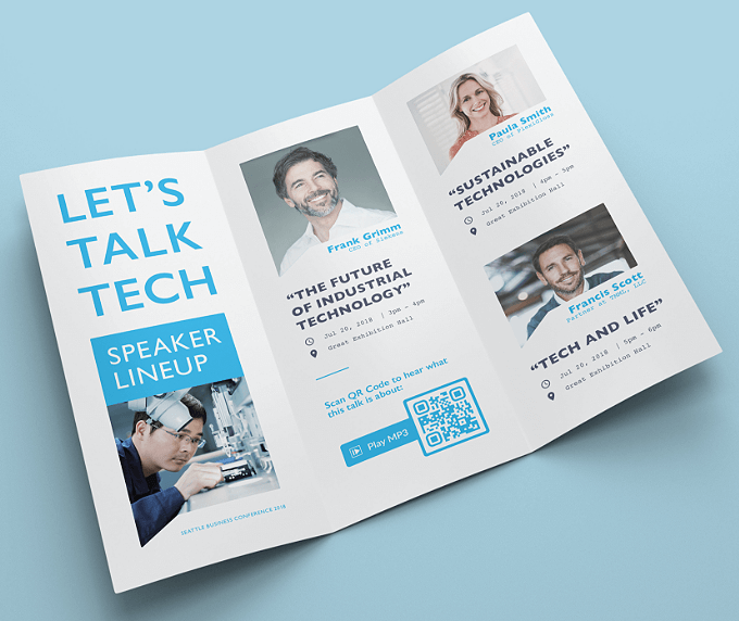 A tri-fold brochure of a tech conference with a QR Code that links to an MP3 podcast.