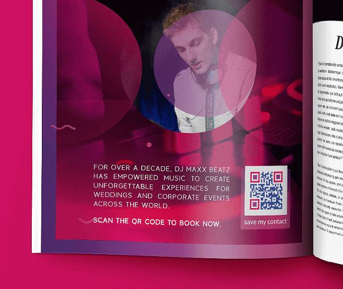 A magazine ad for a music DJ with a QR Code that links to contact information in vCard format.